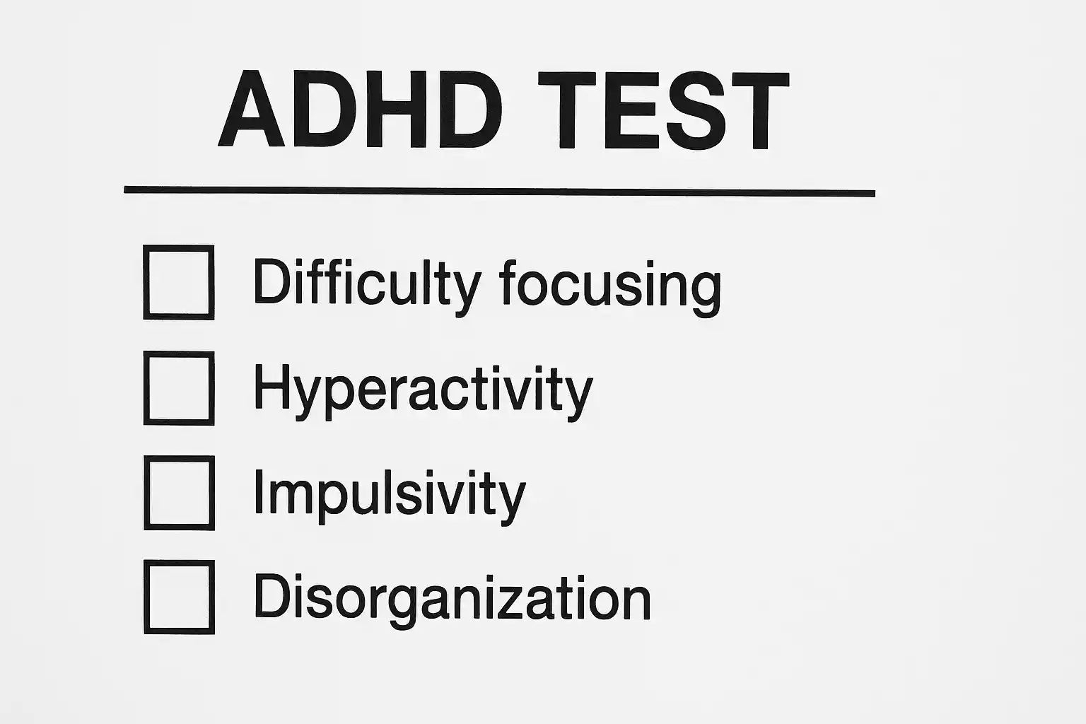 ADHD test checklist with four empty boxes: focus, hyperactivity, impulsivity, disorganization.