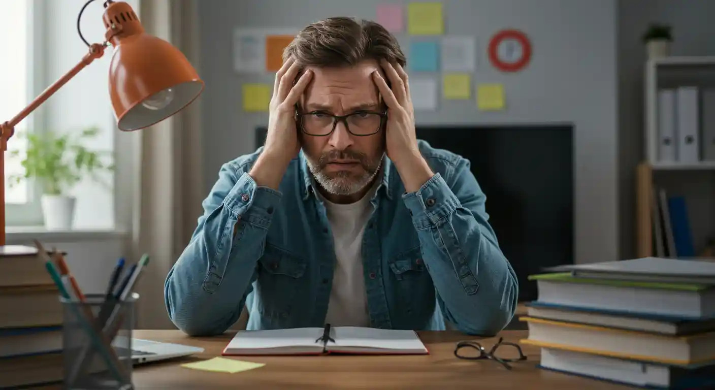 Stressed man at desk with books, papers, and colorful sticky notes.